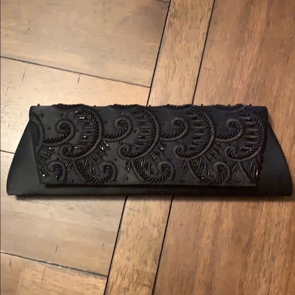 La Regale Black Satin Beaded Evening Bag